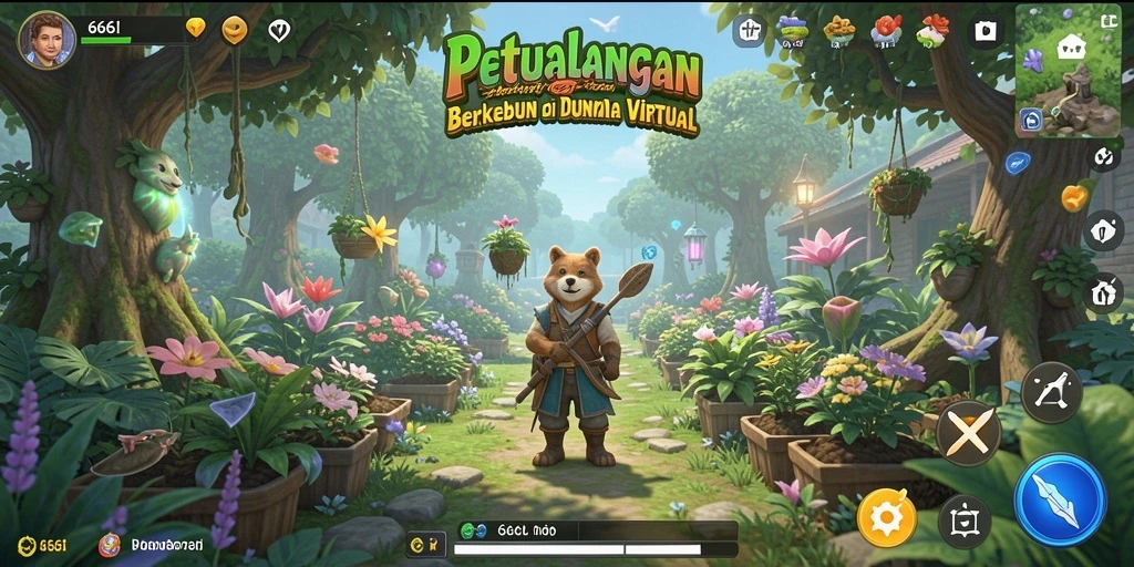Screenshot gameplay 666I yang menampilkan kebun hijau yang subur.