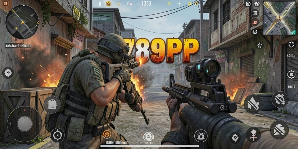 Screenshot menampilkan aksi intens dalam gameplay FPS 789RP.