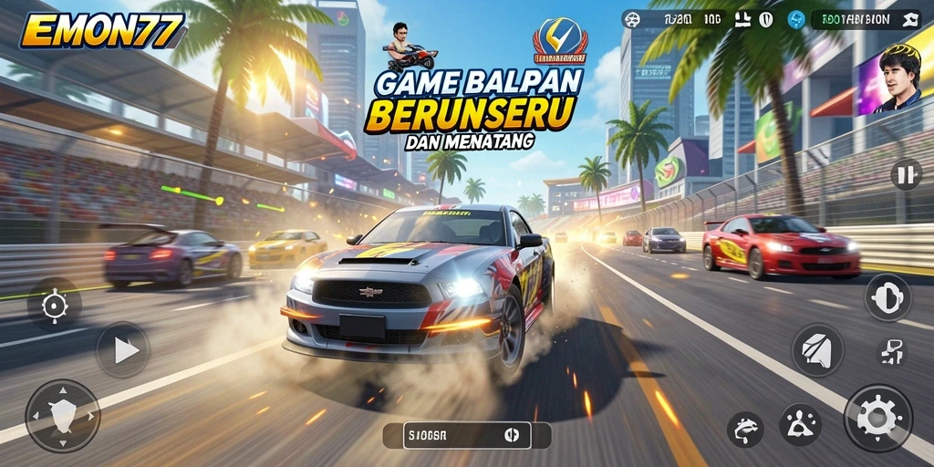 Screenshot gameplay EMON77 menampilkan aksi balapan yang mendebarkan.