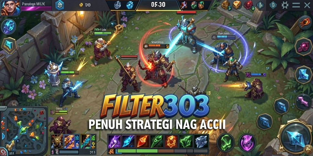 Tangkapan layar utama FILTER303 menampilkan pertempuran epik antar hero.