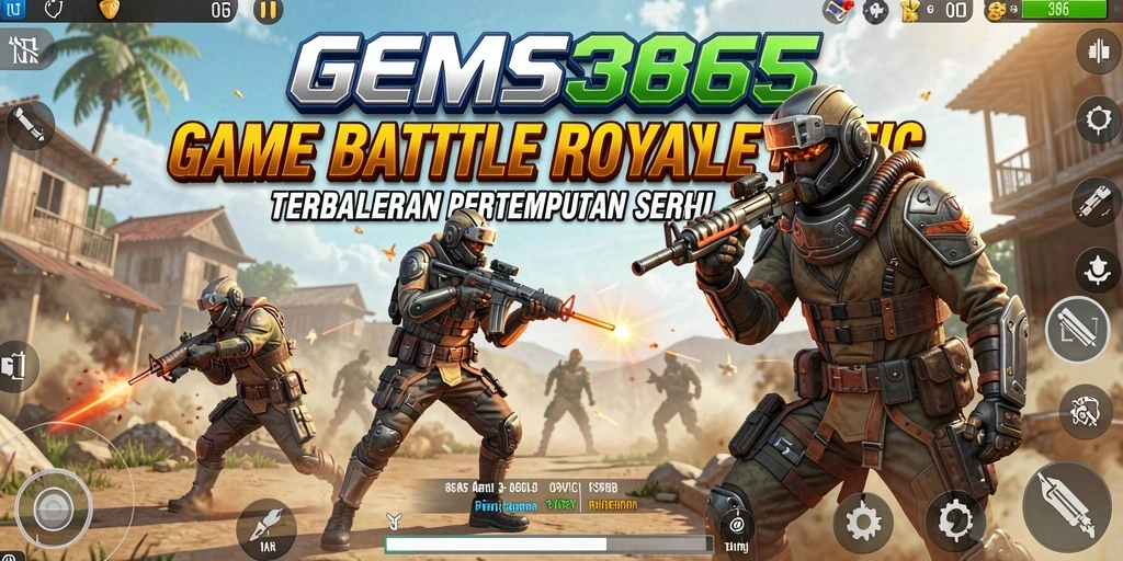 Tangkapan layar utama GEMS365 menunjukkan aksi pertempuran intens di arena Battle Royale.