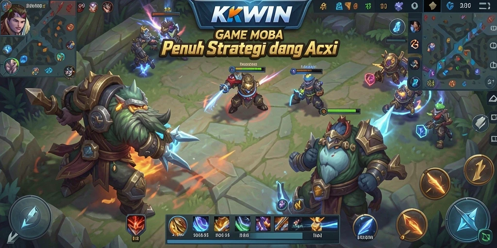Screenshot gameplay KKWIN menampilkan pertarungan epik karakter MOBA.