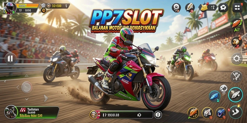 Tampilan gameplay menegangkan dari PP7SLOT dengan aksi balap motor yang cepat.
