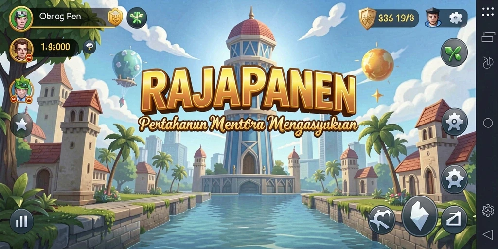 Tangkapan layar gameplay RAJAPANEN dengan menara menunggu gelombang musuh.