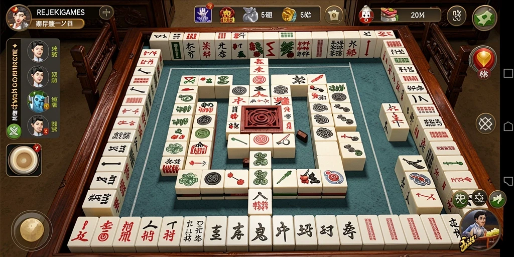 Tampilan gameplay seru dalam REJEKIGAMES, ilustrasi Mahjong yang menawan.