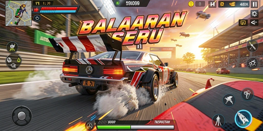 Tampilan gameplay T6 dengan mobil balap yang melesat di trek.