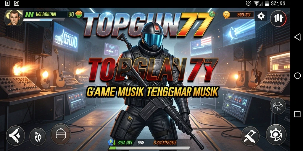 Screenshot gameplay <strong>TOPGUN77</strong> menampilkan pemain beraksi dengan alat musik virtual.